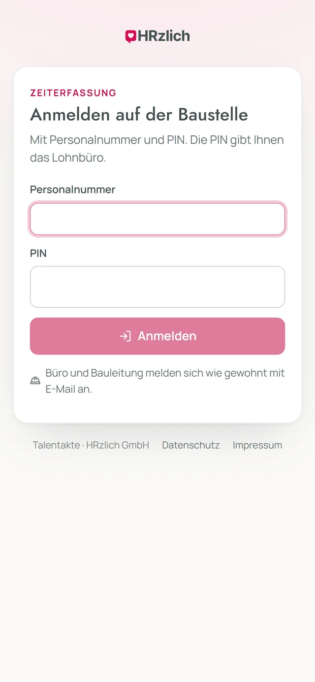 Handy: Anmelden auf der Baustelle mit Personalnummer und PIN