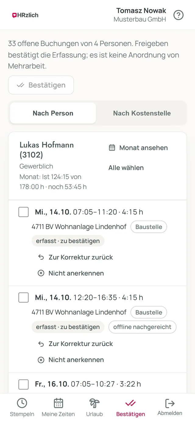 Handy des Poliers: offene Buchungen je Person zum Bestätigen, mit „Zur Korrektur zurück“ und „Nicht anerkennen“