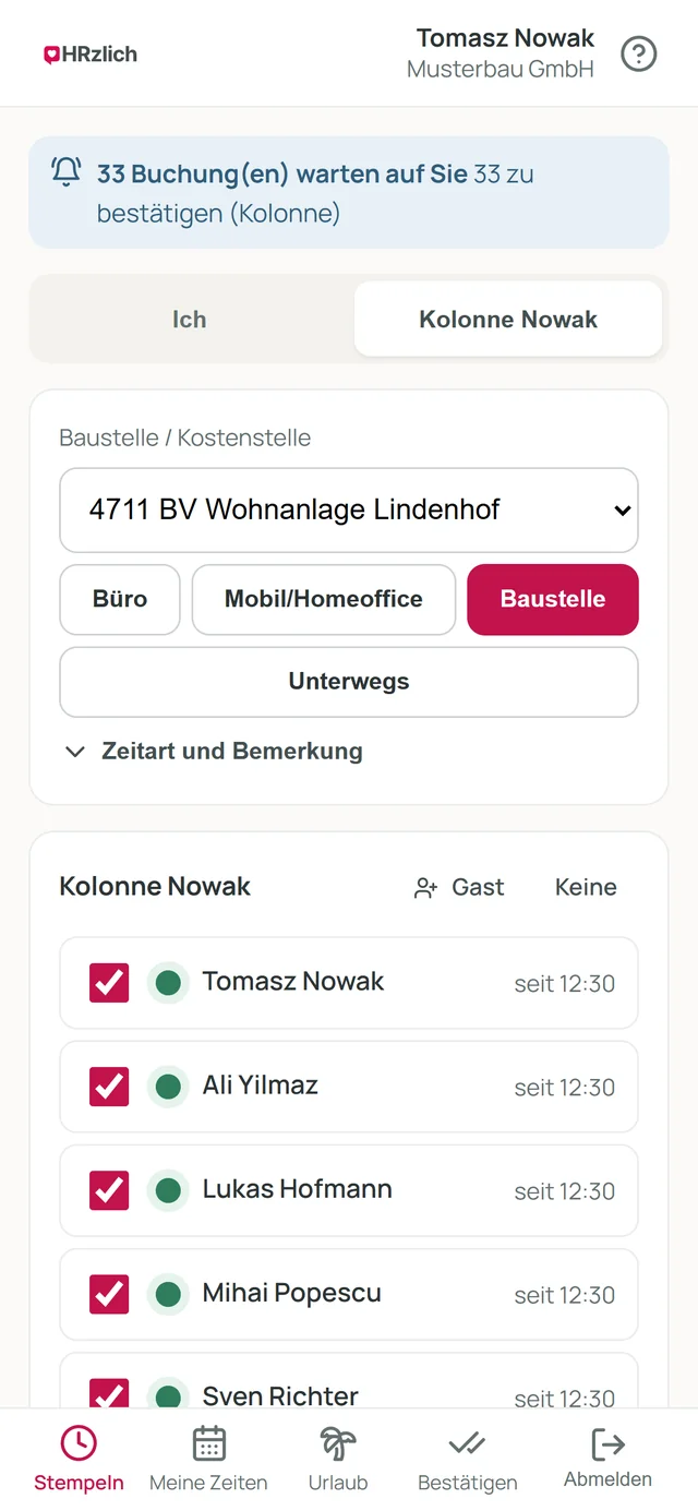 Handy des Poliers: Kolonne Nowak mit fünf Personen, alle eingestempelt