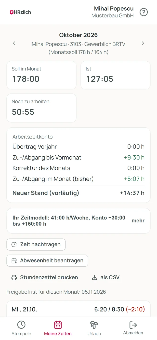 Handy: Meine Zeiten im Oktober mit Soll, Ist, noch zu arbeiten und dem Arbeitszeitkonto Zeile für Zeile