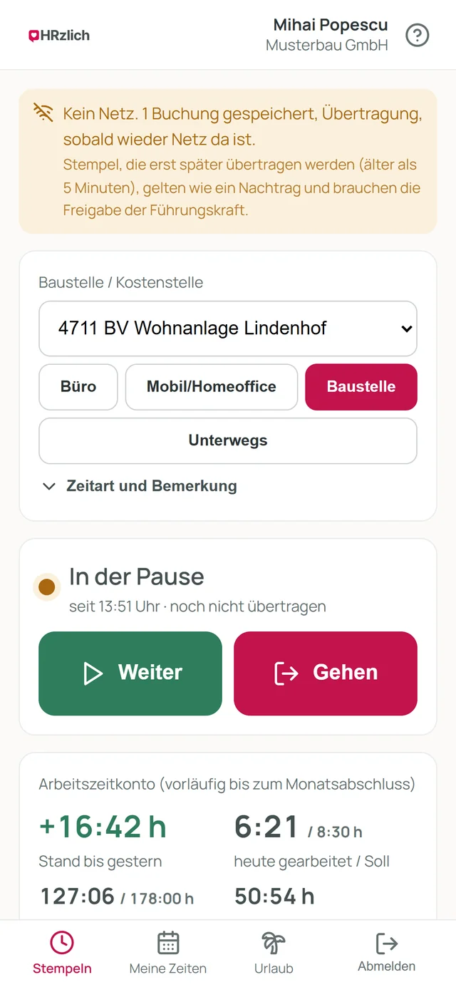 Handy ohne Netz: Hinweis „Kein Netz. 1 Buchung gespeichert“, Zustand „In der Pause, noch nicht übertragen“
