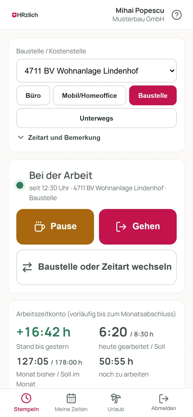 Handy eines Facharbeiters: Baustelle 4711 BV Wohnanlage Lindenhof, Zustand „Bei der Arbeit seit 12:30 Uhr“, Knöpfe Pause und Gehen