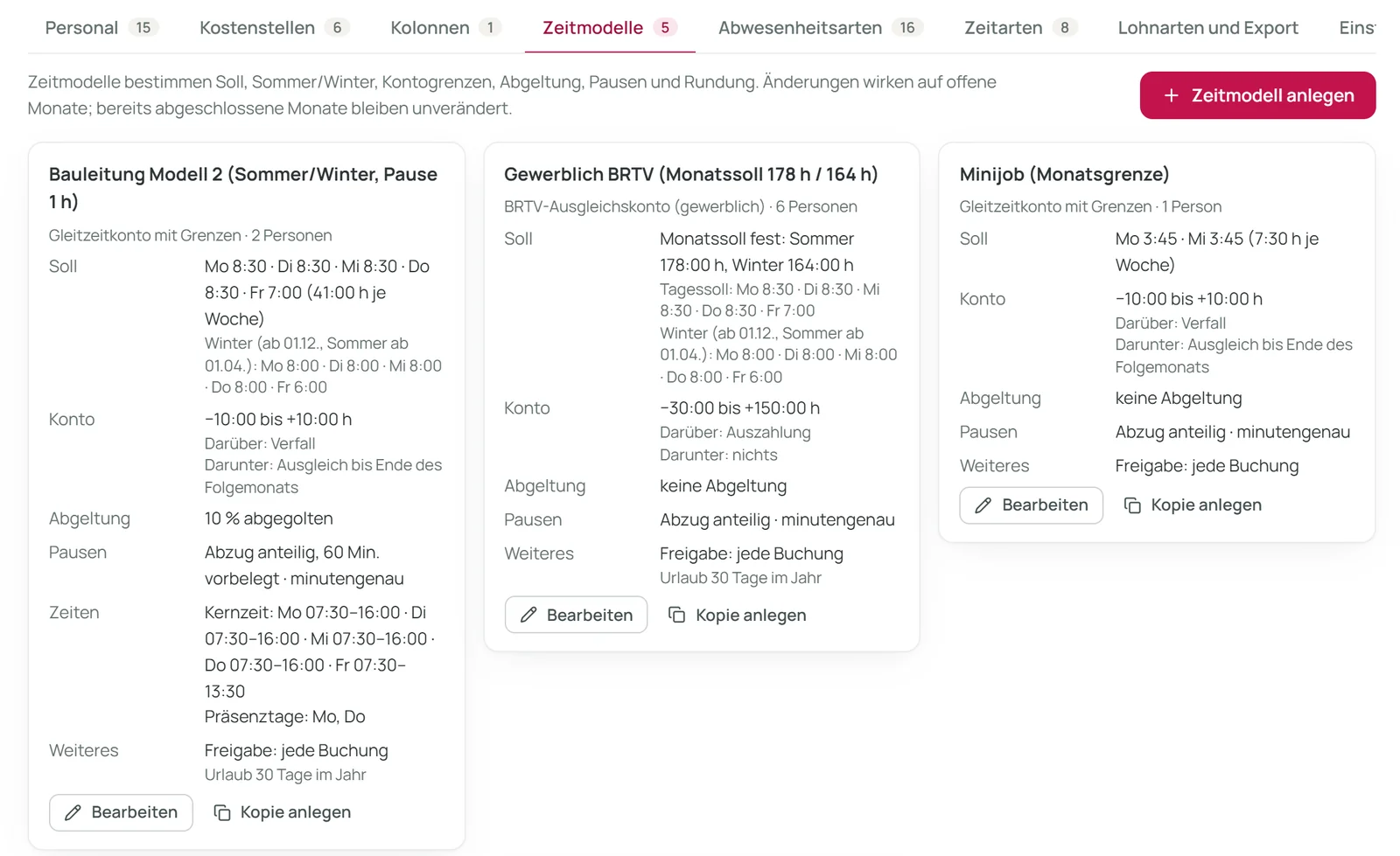 Zeitmodelle in den Stammdaten: Bauleitung mit Sommer und Winter, Gewerblich BRTV mit festem Monatssoll, Minijob mit Monatsgrenze