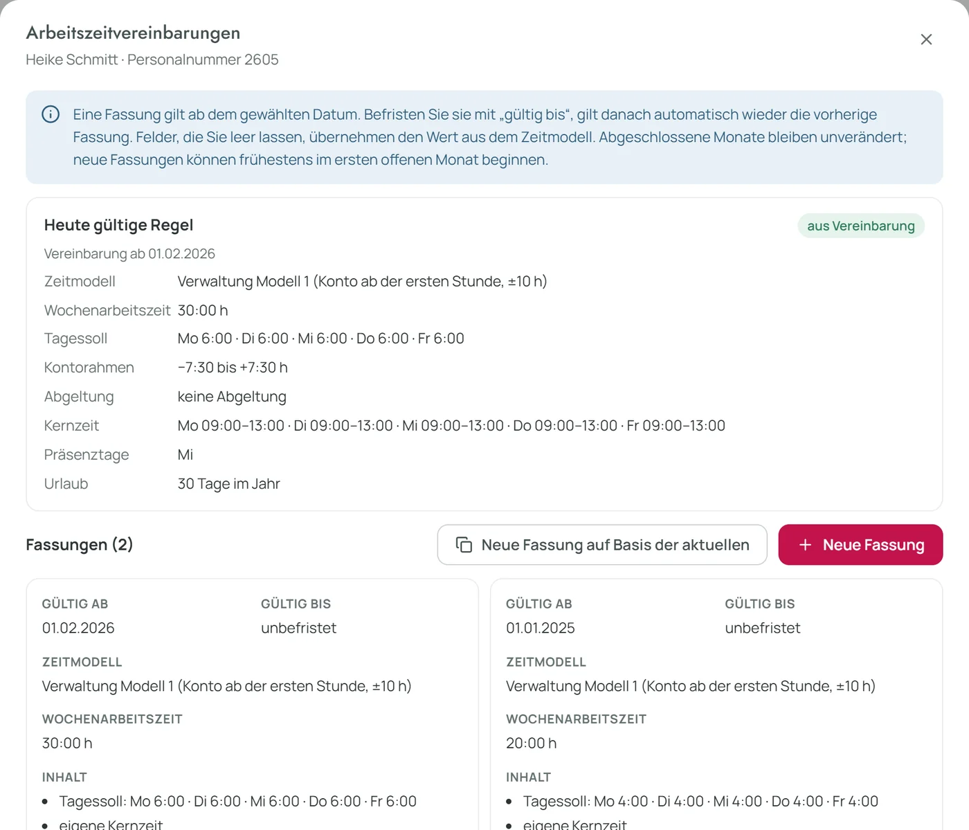 Arbeitszeitvereinbarungen einer Mitarbeiterin: heute gültige Regel und zwei Fassungen mit 30 und 20 Wochenstunden