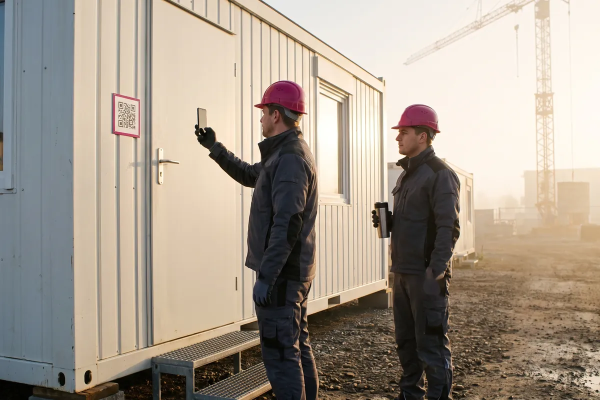 Morgens am Baucontainer: Ein Facharbeiter hält sein Handy an den QR-Code neben der Tür, ein Kollege wartet mit Thermobecher