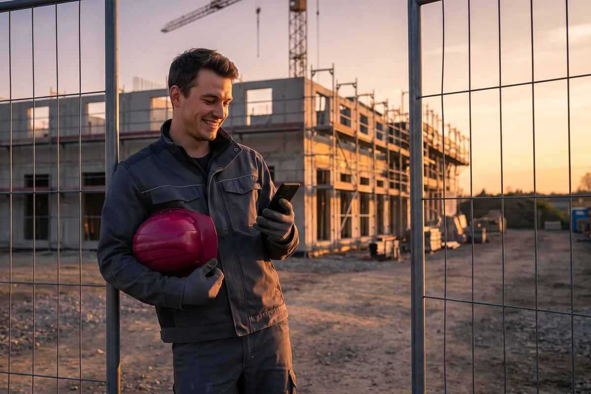 Feierabend am Bauzaun: Ein junger Arbeiter hat den Helm unter dem Arm und schaut zufrieden auf sein Handy