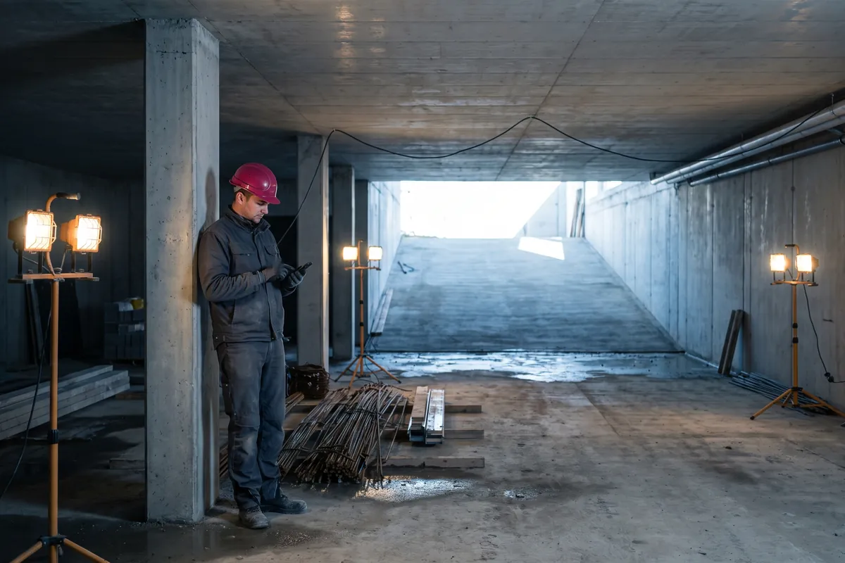 Rohbau einer Tiefgarage mit Baustrahlern: Ein Arbeiter lehnt an einer Betonstütze und tippt auf sein Handy