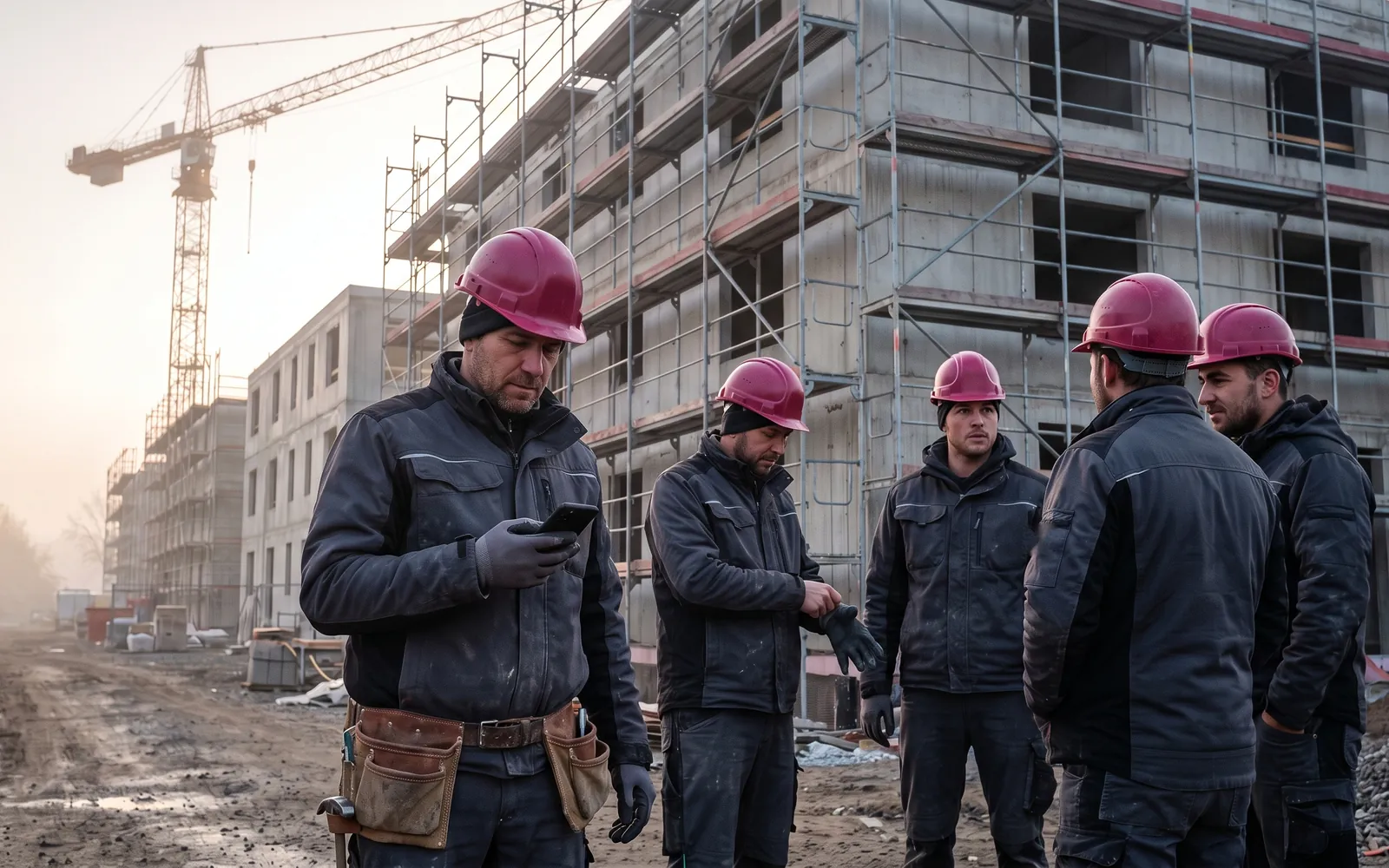 Kolonne mit roten Helmen vor einem Rohbau mit Gerüst; der Polier schaut auf sein Handy