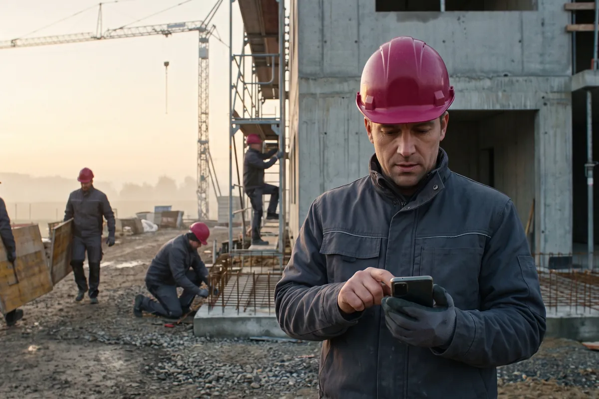 Arbeitsbeginn am Rohbau: Der Polier tippt auf sein Handy, hinter ihm trägt die Kolonne Schalungstafeln und flechtet Bewehrung
